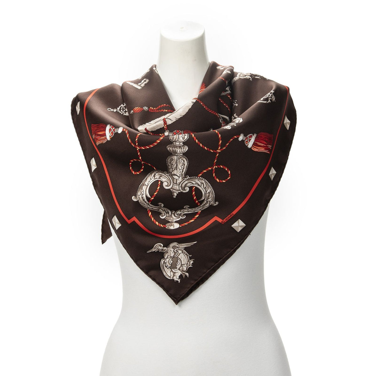 Hermes Scarf Dark Brown Red Silk
