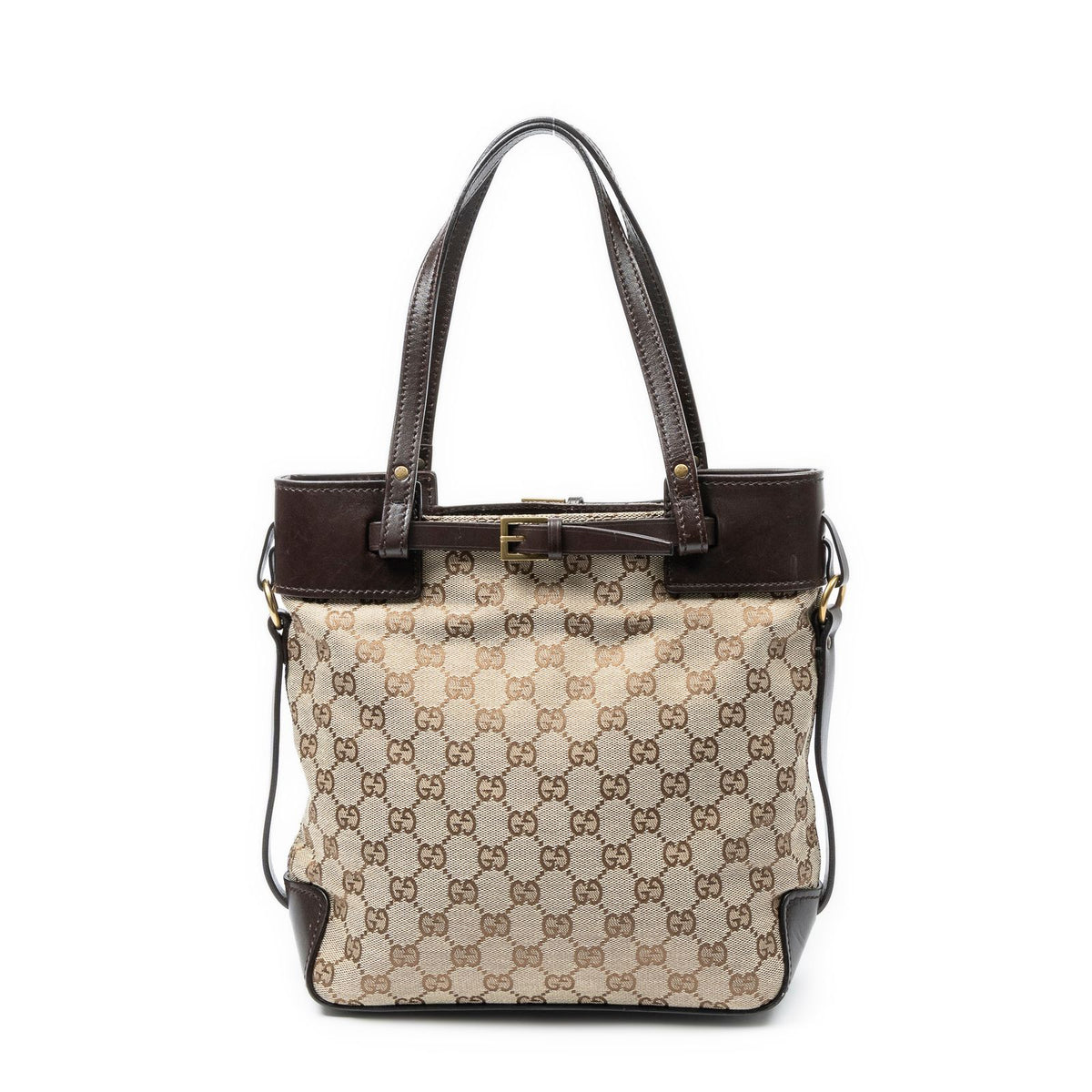 Gucci Tall Belt Tote Bag Brown Beige GG Canvas