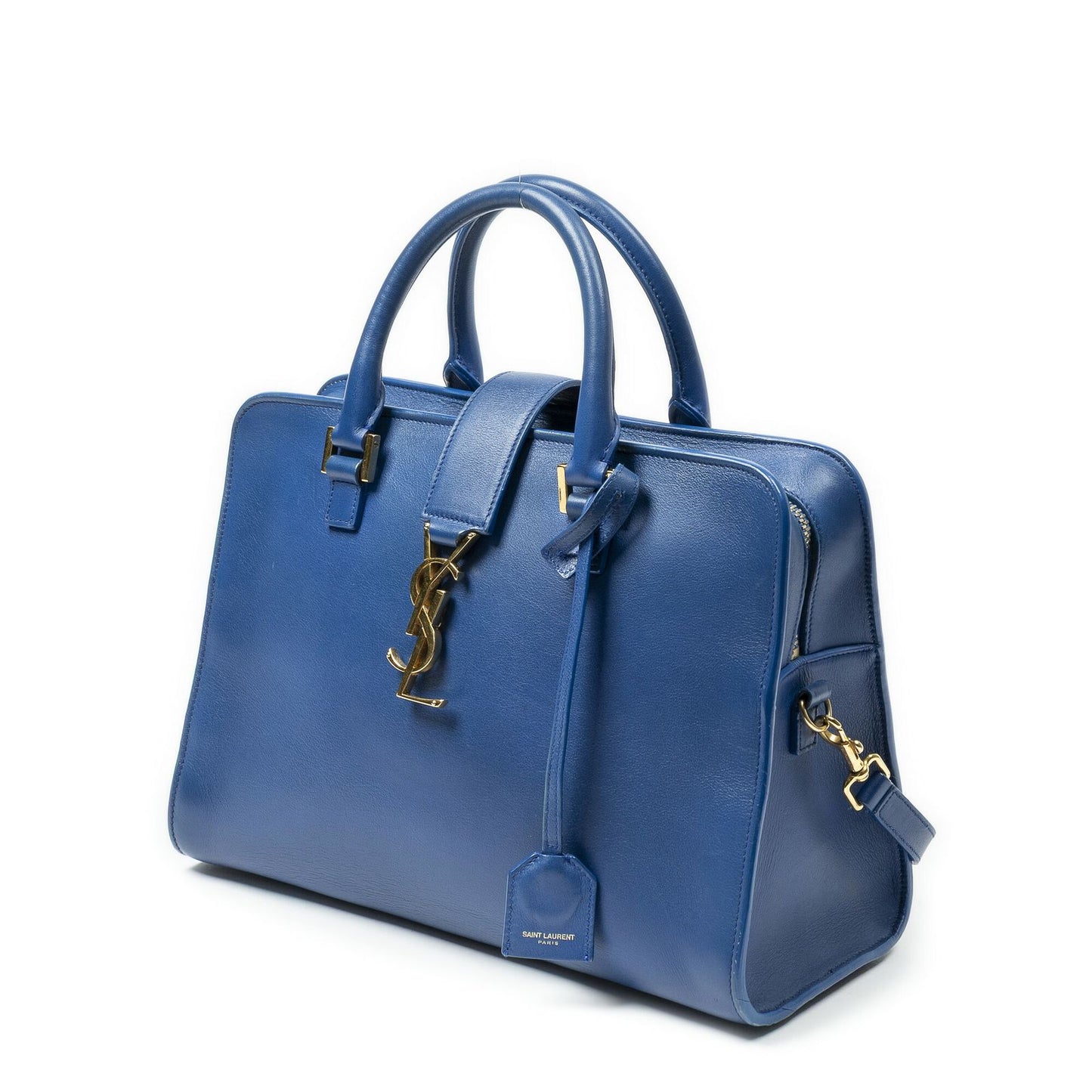 Saint Laurent Small Monogram Cabas Blue Calfskin Leather Shoulder Bag — view 2
