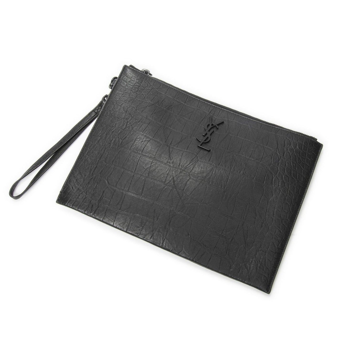 Saint Laurent Tablet Clutch Gray Croco Embossed Leather