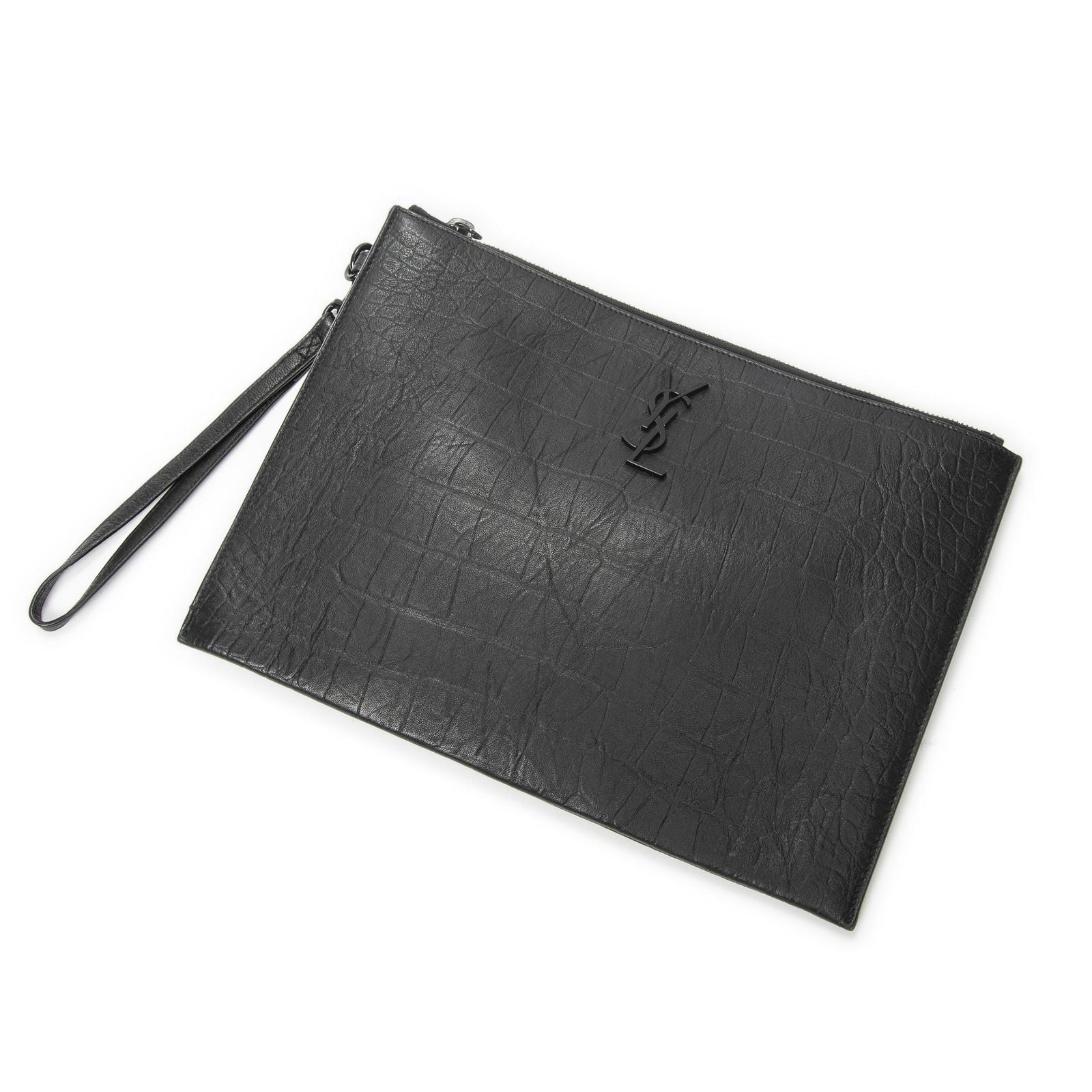 Saint Laurent Tablet Clutch Gray Croco Embossed Leather