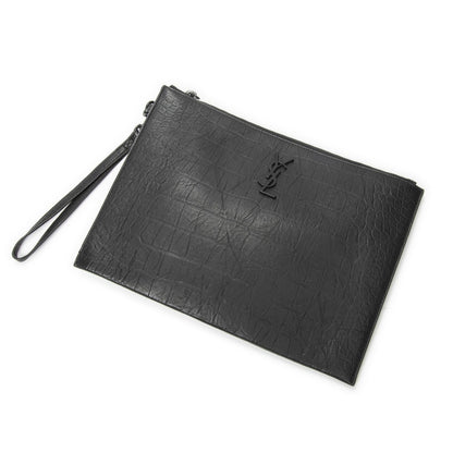Saint Laurent Tablet Clutch Gray Croco Embossed Leather
