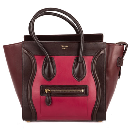 Celine Micro Tricolor Luggage Dark Brown Pink Burgundy Grain Calfskin Leather