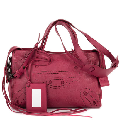Balenciaga Blackout City Bagdark Pink Ruffle Calfskin Leather Shoulder Bag