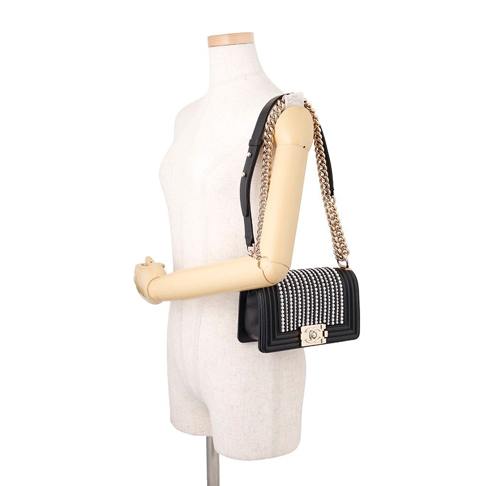 Chanel Chain Shoulder Bag Boy Small Quilted CC Logo Faux Pearl Leather Black — view 4