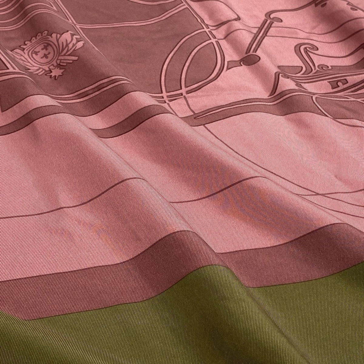 Hermes Carre 130 Ex-Libris Carriage Pink Khaki Silk Scarf — view 3