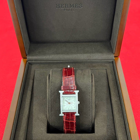 Hermes Watch Porosus Leather Diamond Bezel Quartz Wrist