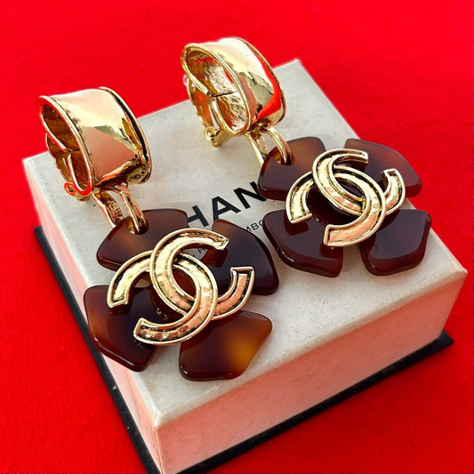 Chanel 94P With Rice CC Logo Marble Plastic Earrings Gold Brown
