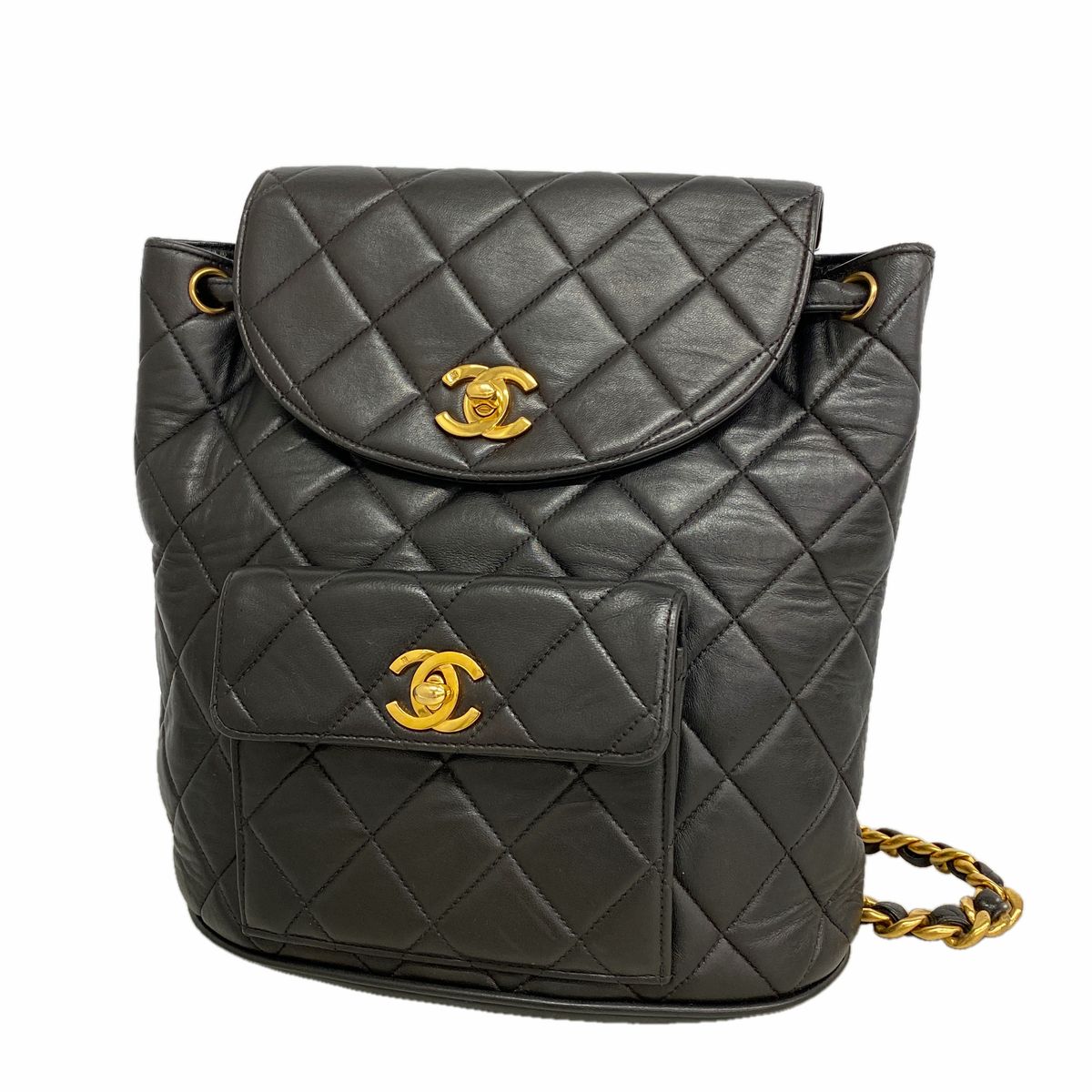 Chanel Backpack Quilted Lambskin Black Gold