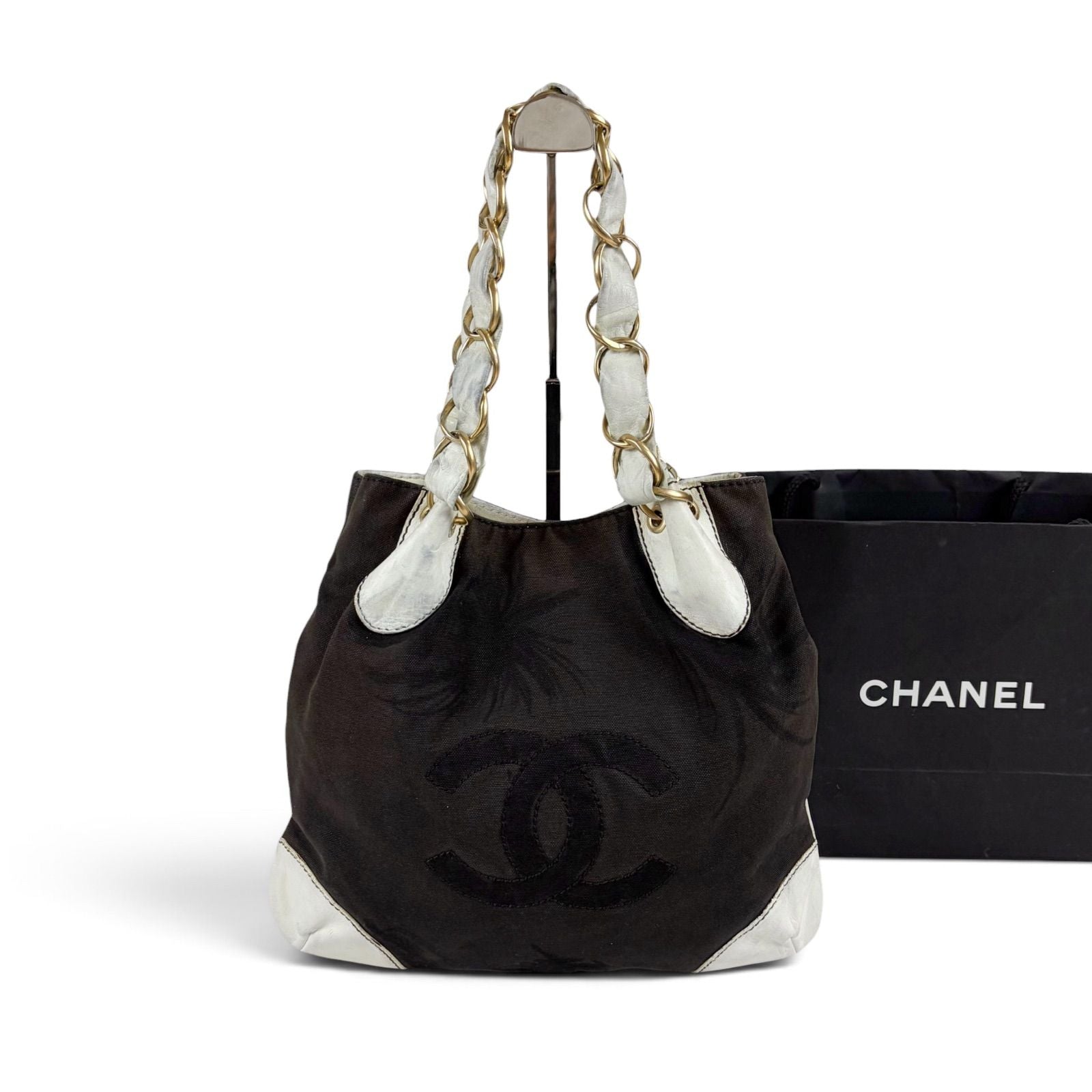 Chanel Big Coco Chain Shoulder Bag Black White Jumbo CC Logo Palm Tree