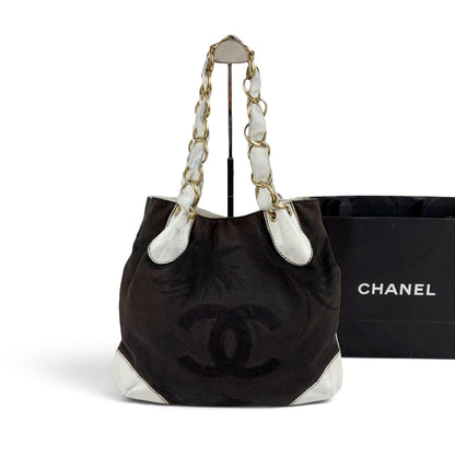 Chanel Big Coco Chain Shoulder Bag Black White Jumbo CC Logo Palm Tree