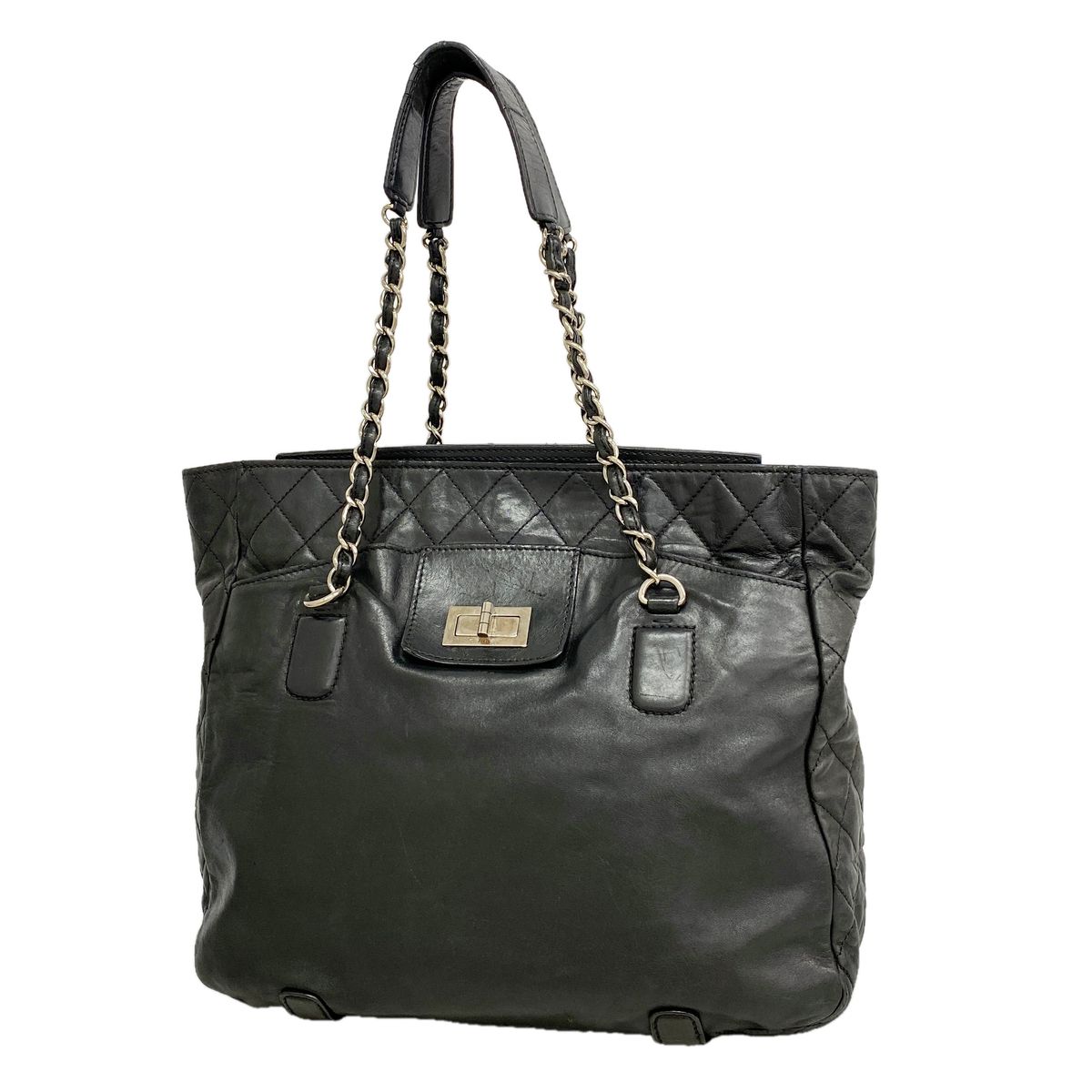 Chanel Chain Tote Bag 2.55 Quilted Lambskin Black Silver