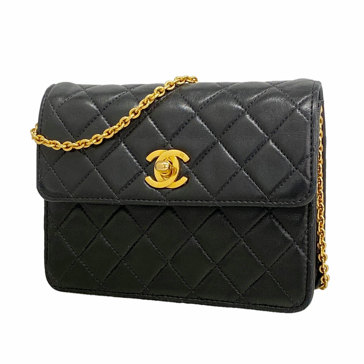 Chanel Shoulder Bag Mini Quilted Lambskin Black Gold