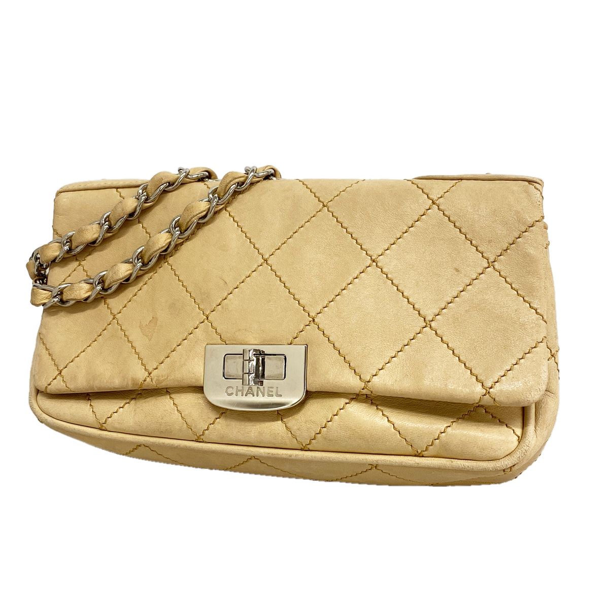 Chanel Shoulder Bag Wild Stitch Lambskin Beige Silver