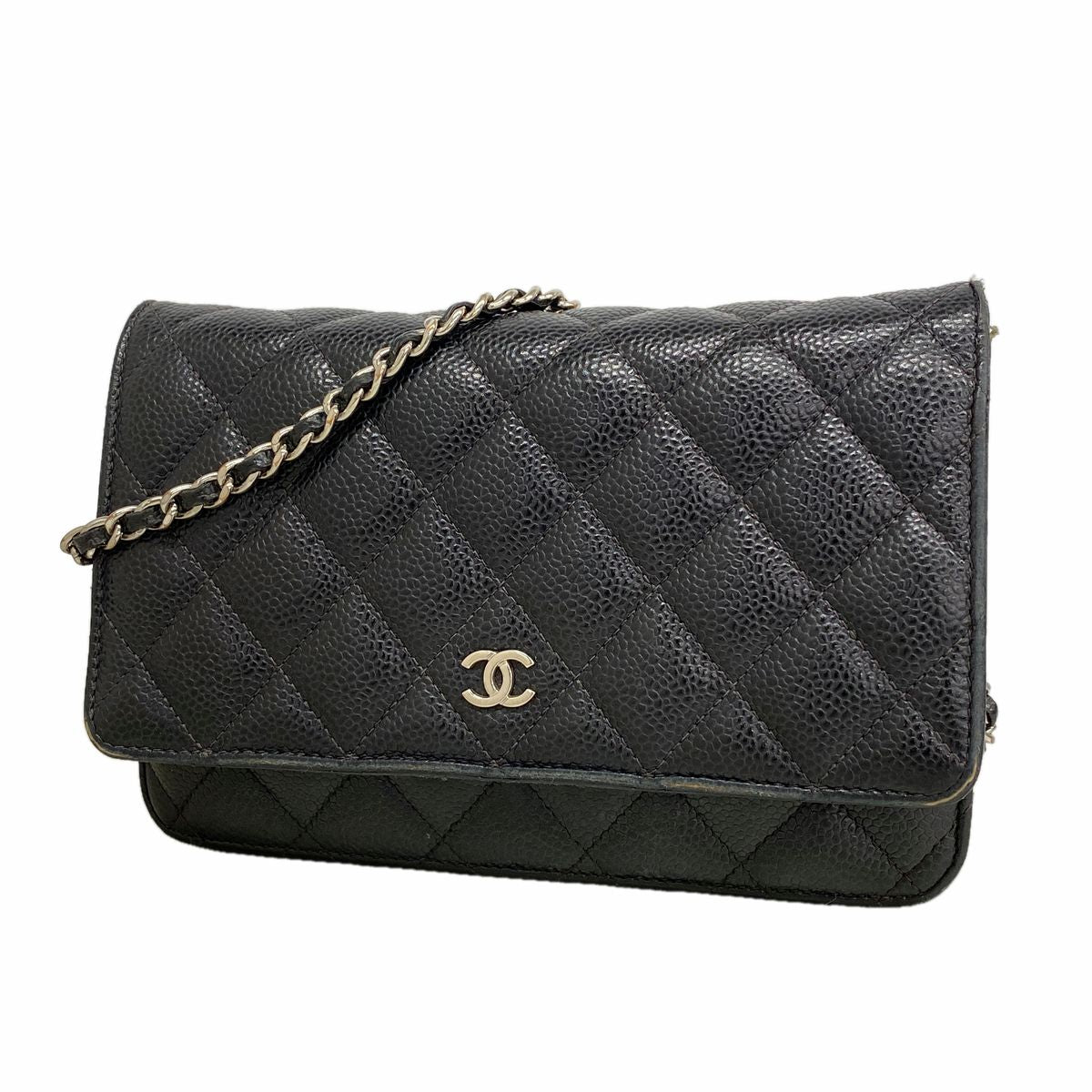 Chanel Wallet on Chain Quilted Caviar Leather Black Silver Shoulder Bag