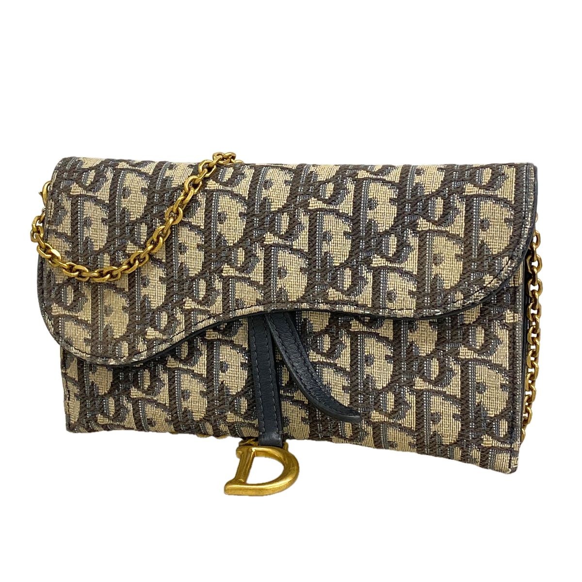 Dior Wallet on Chain Oblique Saddle Canvas Navy Gold Shoulder Bag
