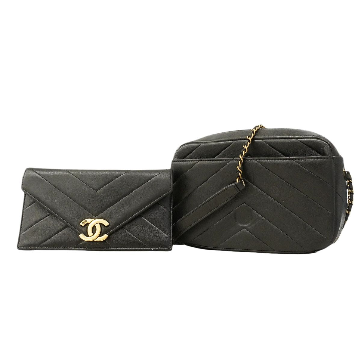 Chanel Shoulder Bag Chevron Leather Black Gold