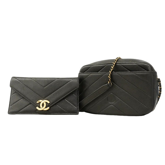 Chanel Shoulder Bag Chevron Leather Black Gold