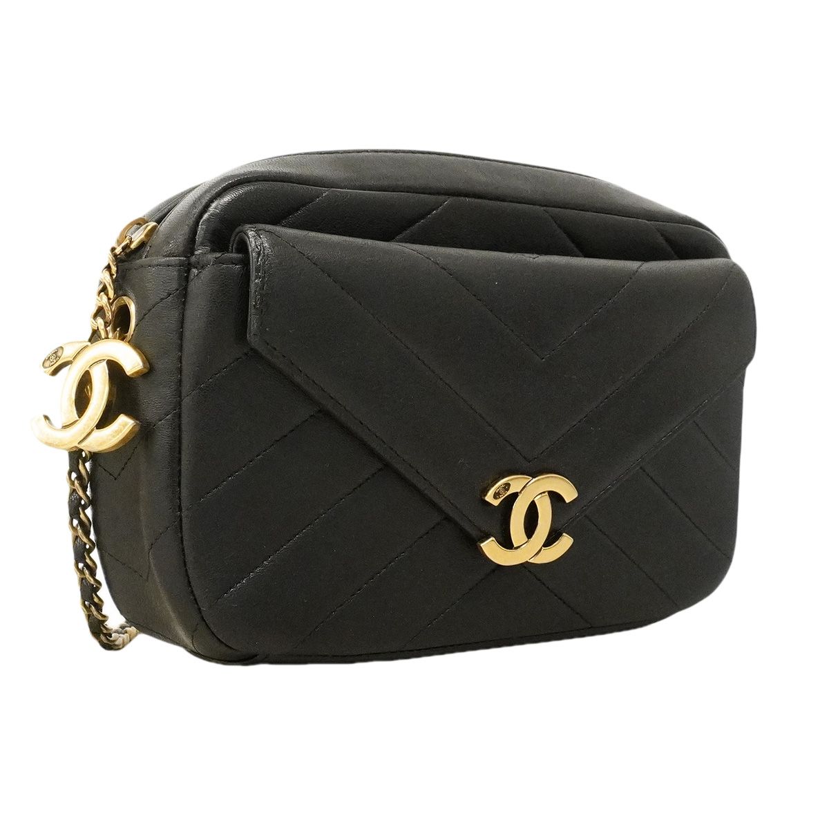 Chanel Shoulder Bag Chevron Leather Black Gold — view 2