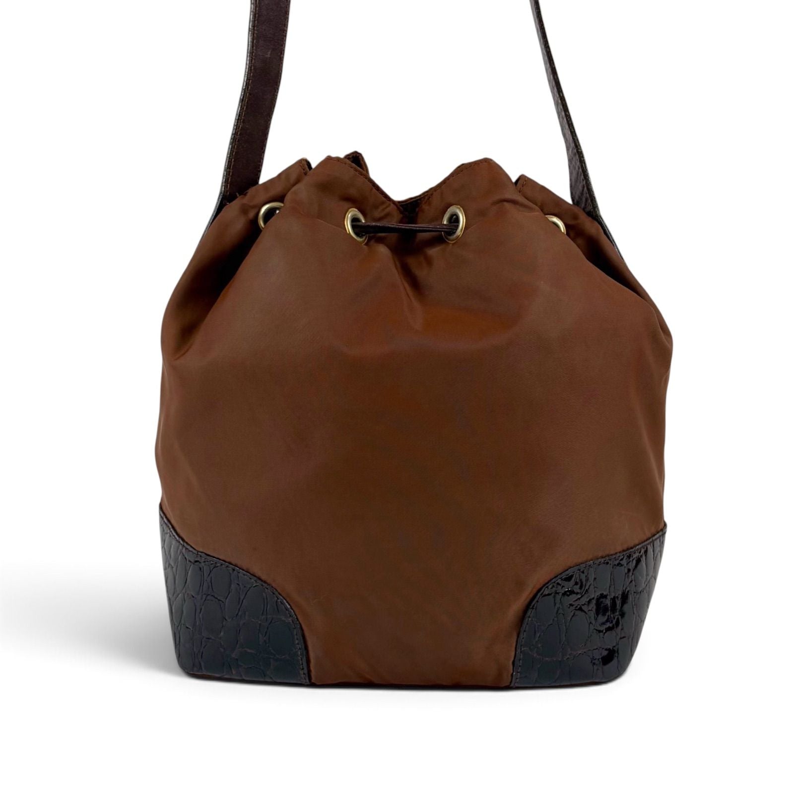Prada Triangle Logo Shoulder Bag Drawstring Brown Tessuto Nylon — view 2