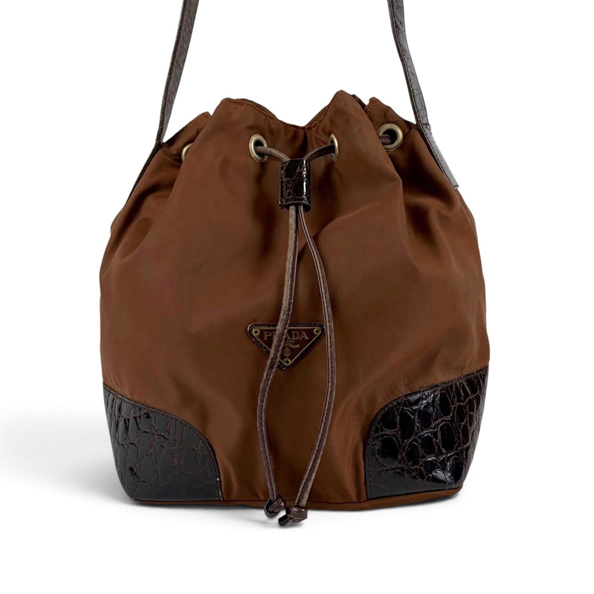 Prada Triangle Logo Shoulder Bag Drawstring Brown Tessuto Nylon
