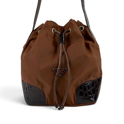 Prada Triangle Logo Shoulder Bag Drawstring Brown Tessuto Nylon