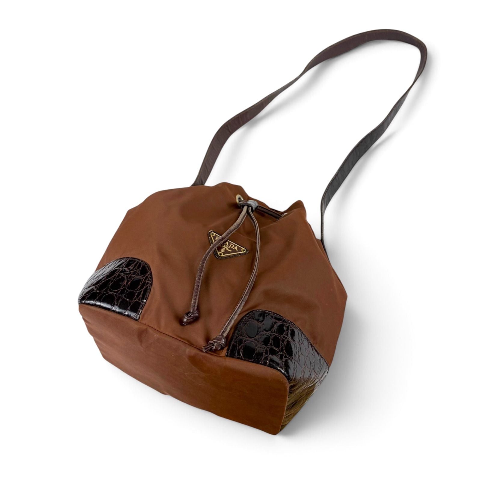 Prada Triangle Logo Shoulder Bag Drawstring Brown Tessuto Nylon — view 5