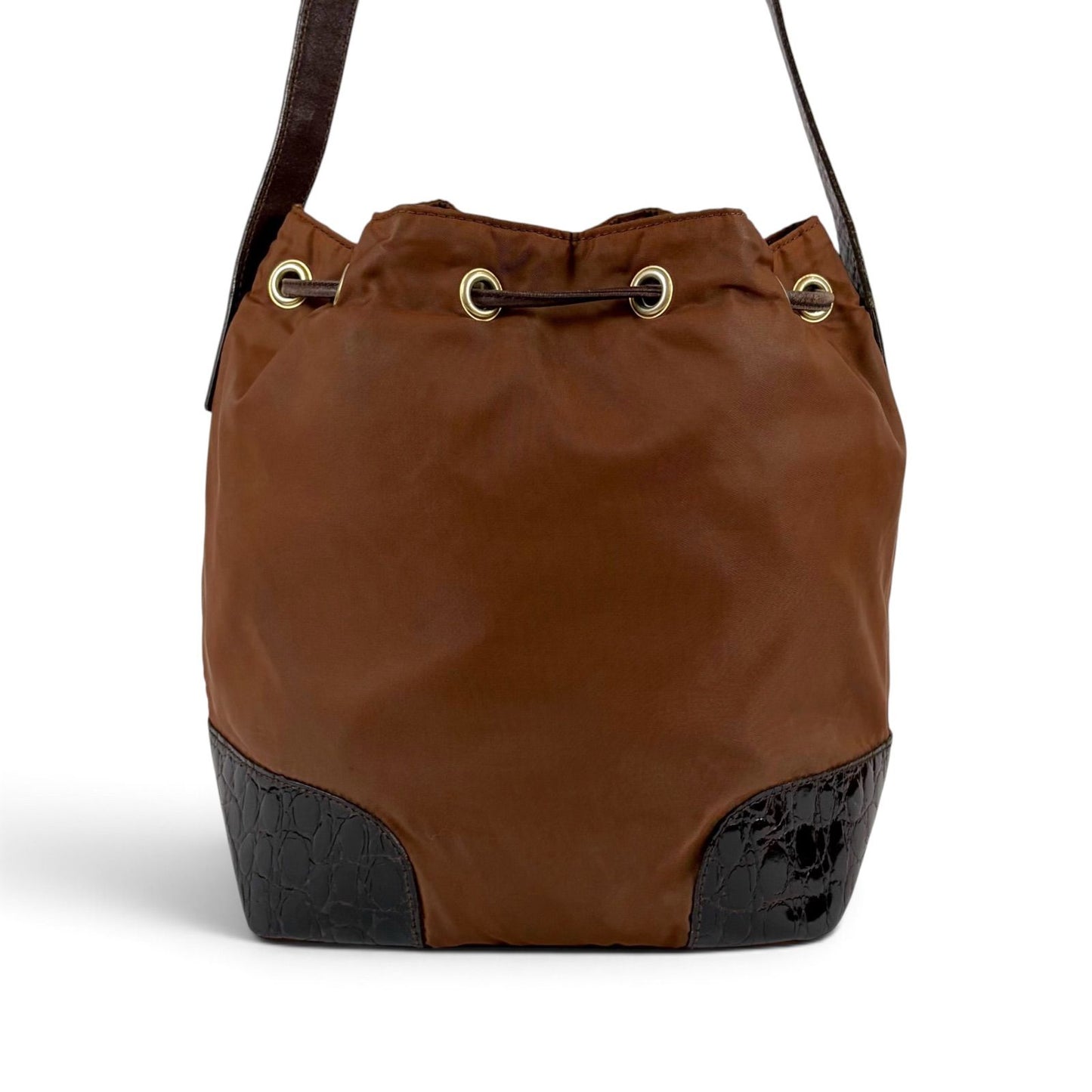 Prada Triangle Logo Shoulder Bag Drawstring Brown Tessuto Nylon — view 4