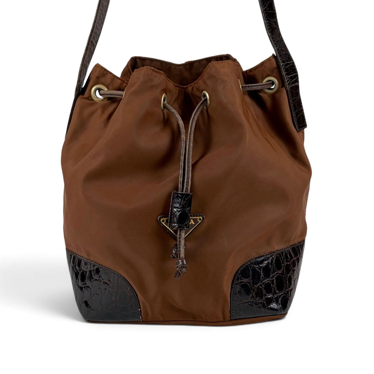 Prada Triangle Logo Shoulder Bag Drawstring Brown Tessuto Nylon — view 3