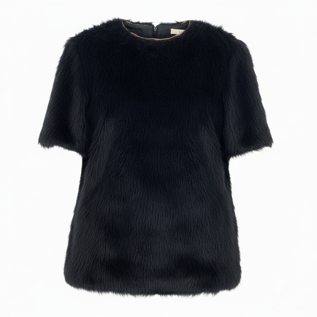 Celine Phoebe Philo Era Alpaca Wool Blouse Fur Top Short Sleeve Top Black