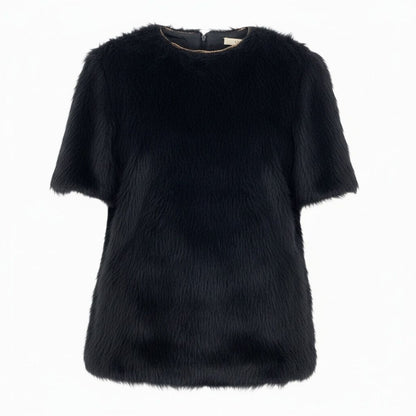 Celine Phoebe Philo Era Alpaca Wool Blouse Fur Top Short Sleeve Top Black