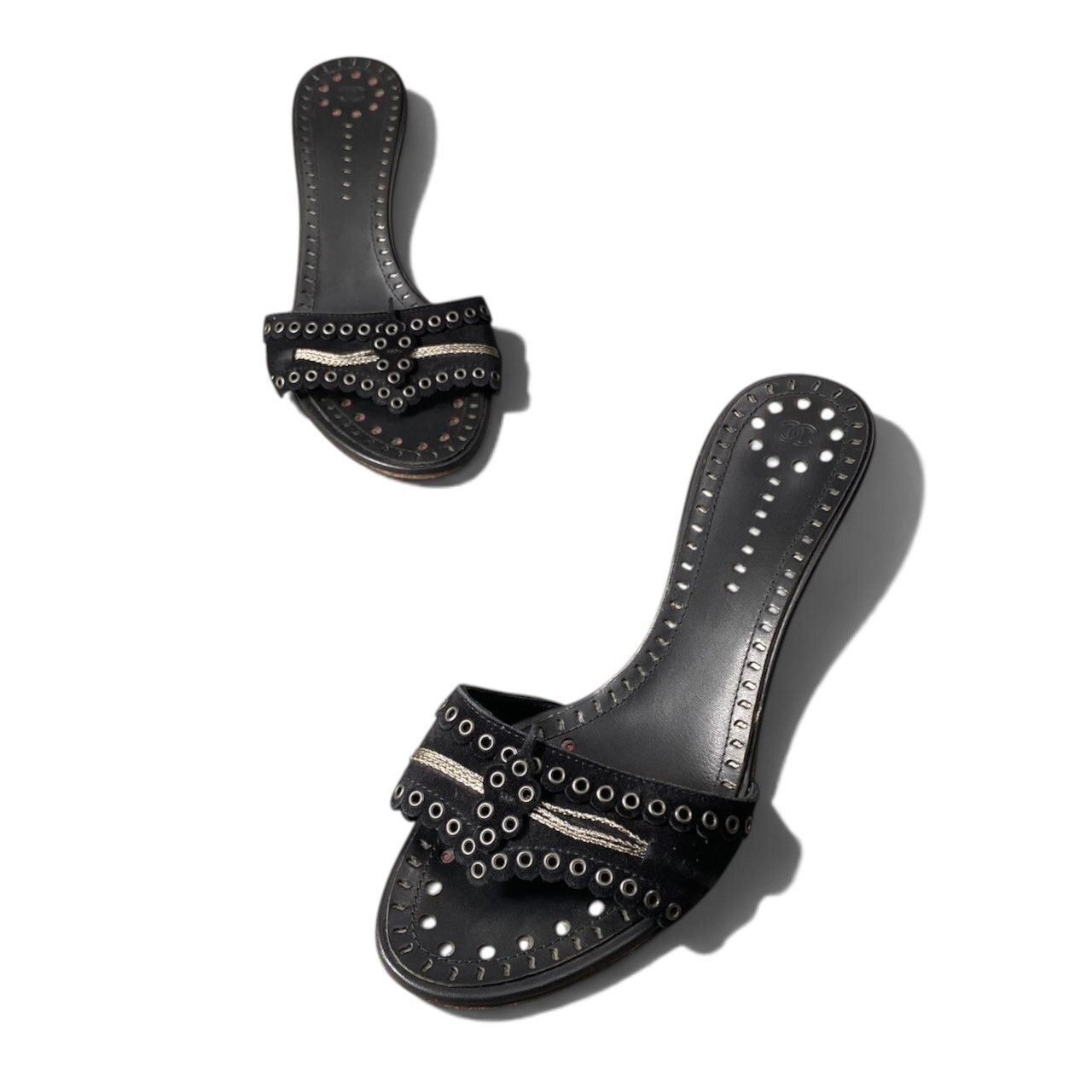 Chanel Eyelet Studs Kitten Heels Sandals Black — view 7