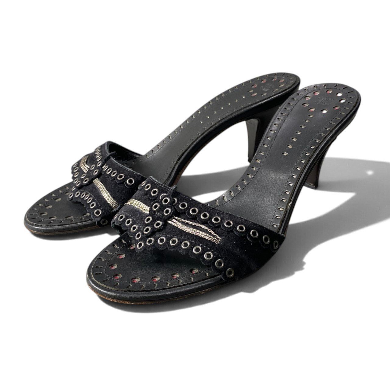 Chanel Eyelet Studs Kitten Heels Sandals Black