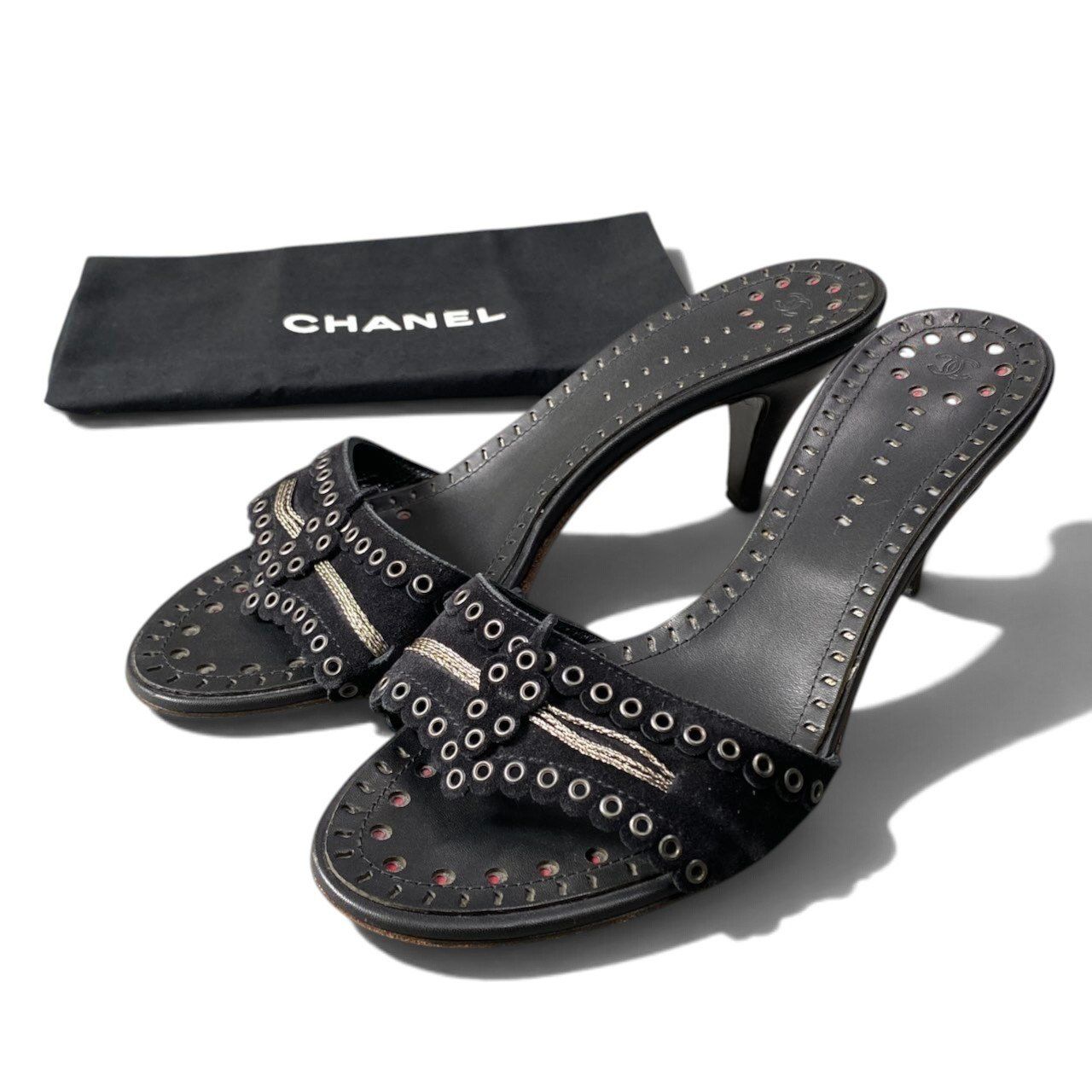 Chanel Eyelet Studs Kitten Heels Sandals Black — view 2