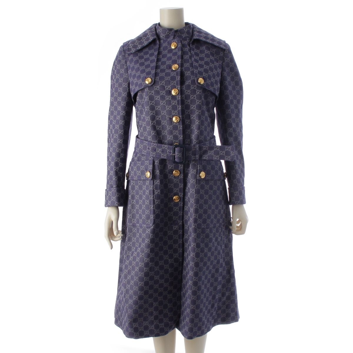 Gucci Cotton GG Jacquard Denim Belt Long Coat Blue 40