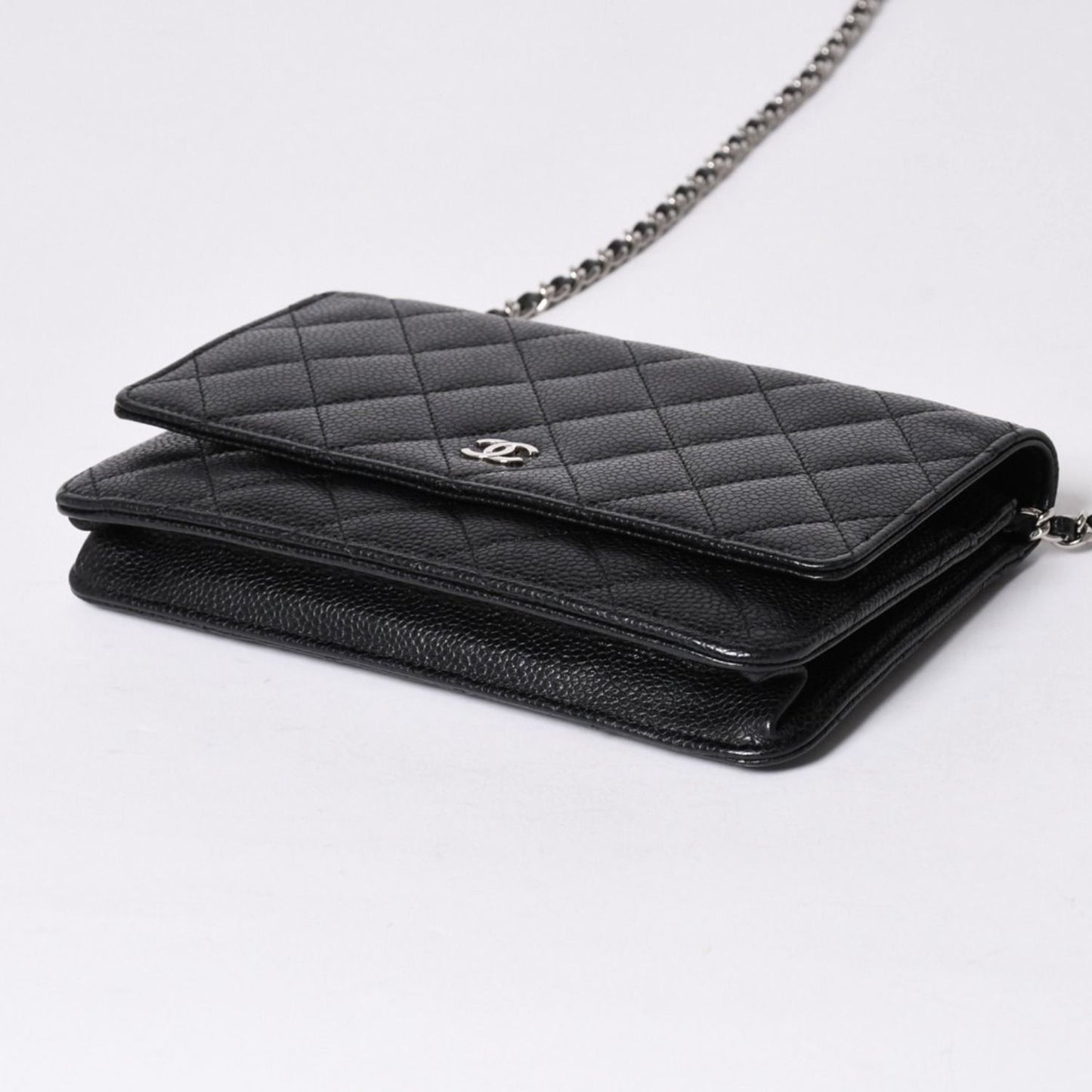 Chanel Chain Wallet CC Logo Caviar Leather Black Silver Shoulder Bag — view 7