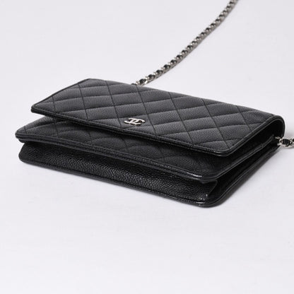 Chanel Chain Wallet CC Logo Caviar Leather Black Silver Shoulder Bag — view 7