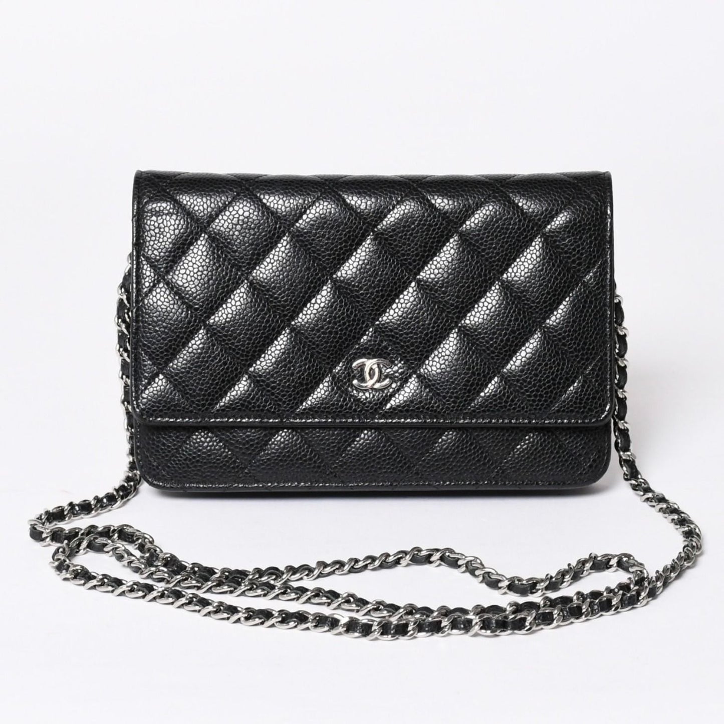 Chanel Chain Wallet CC Logo Caviar Leather Black Silver Shoulder Bag
