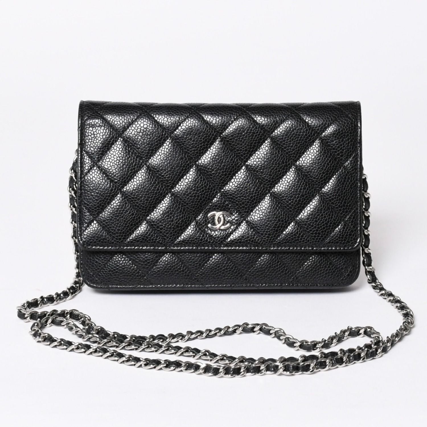 Chanel Chain Wallet CC Logo Caviar Leather Black Silver Shoulder Bag