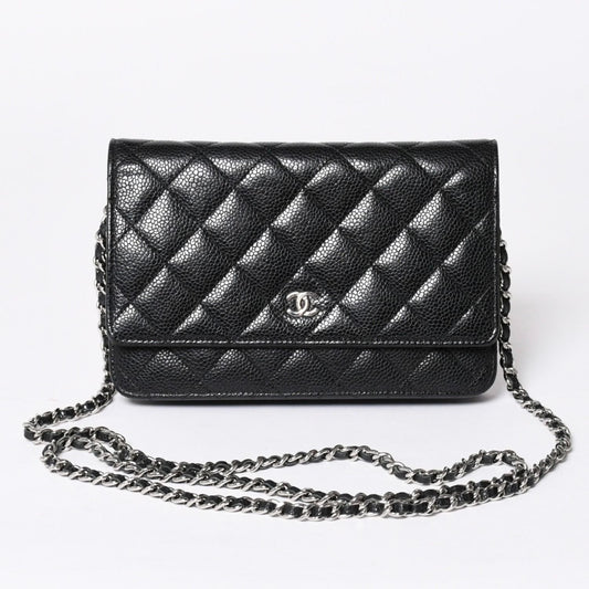 Chanel Chain Wallet CC Logo Caviar Leather Black Silver Shoulder Bag