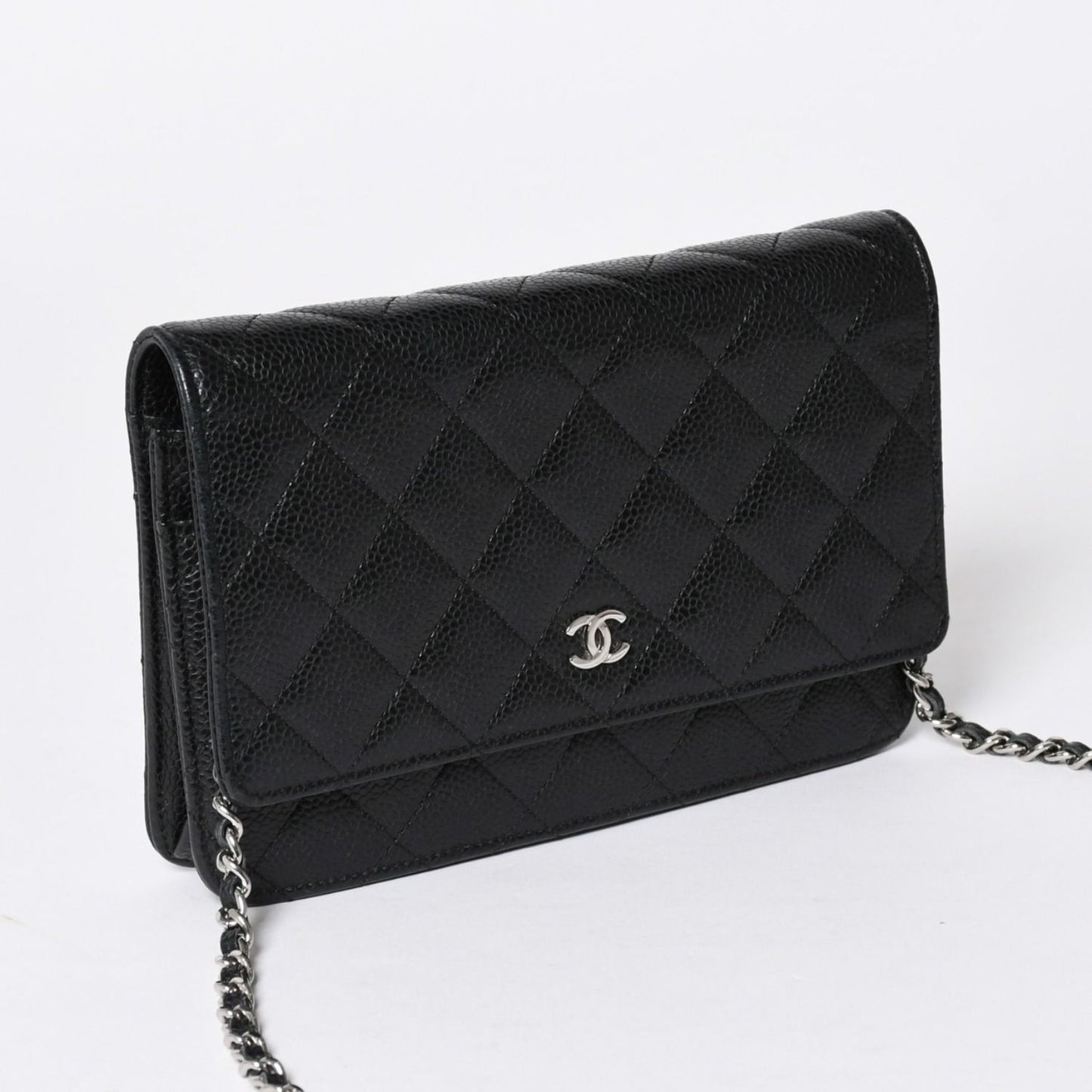 Chanel Chain Wallet CC Logo Caviar Leather Black Silver Shoulder Bag — view 3