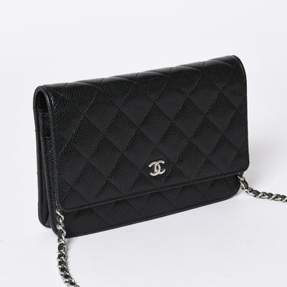 Chanel Chain Wallet CC Logo Caviar Leather Black Silver Shoulder Bag — view 3