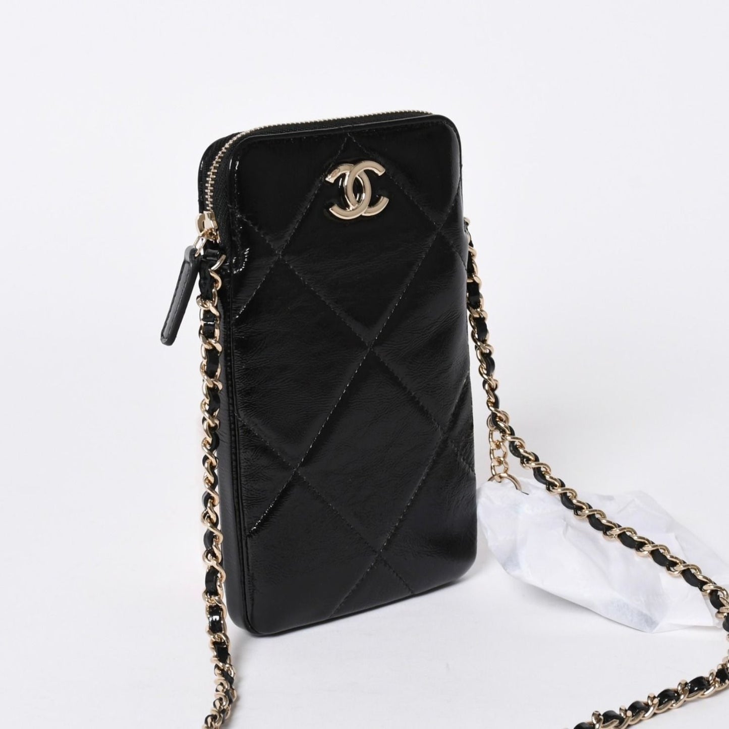 Chanel Chain Shoulder Shiny Patent Leather Quilted CC Logo Phone Case — view 4