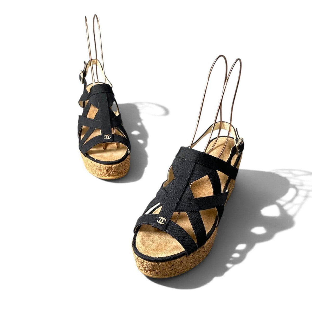 Chanel Cork Wedge Sole Sandals CC Logo Navy — view 7