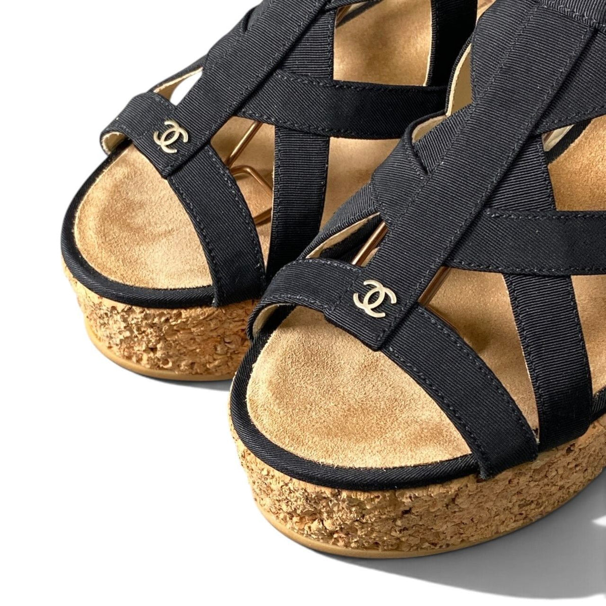 Chanel Cork Wedge Sole Sandals CC Logo Navy — view 5