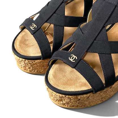 Chanel Cork Wedge Sole Sandals CC Logo Navy — view 5