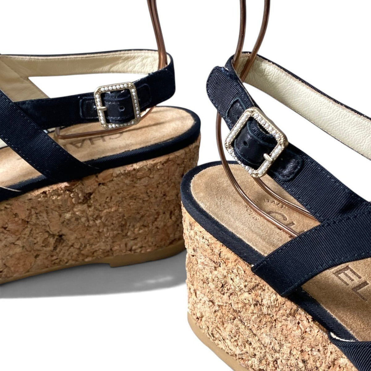 Chanel Cork Wedge Sole Sandals CC Logo Navy — view 6