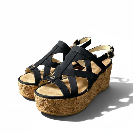 Chanel Cork Wedge Sole Sandals CC Logo Navy