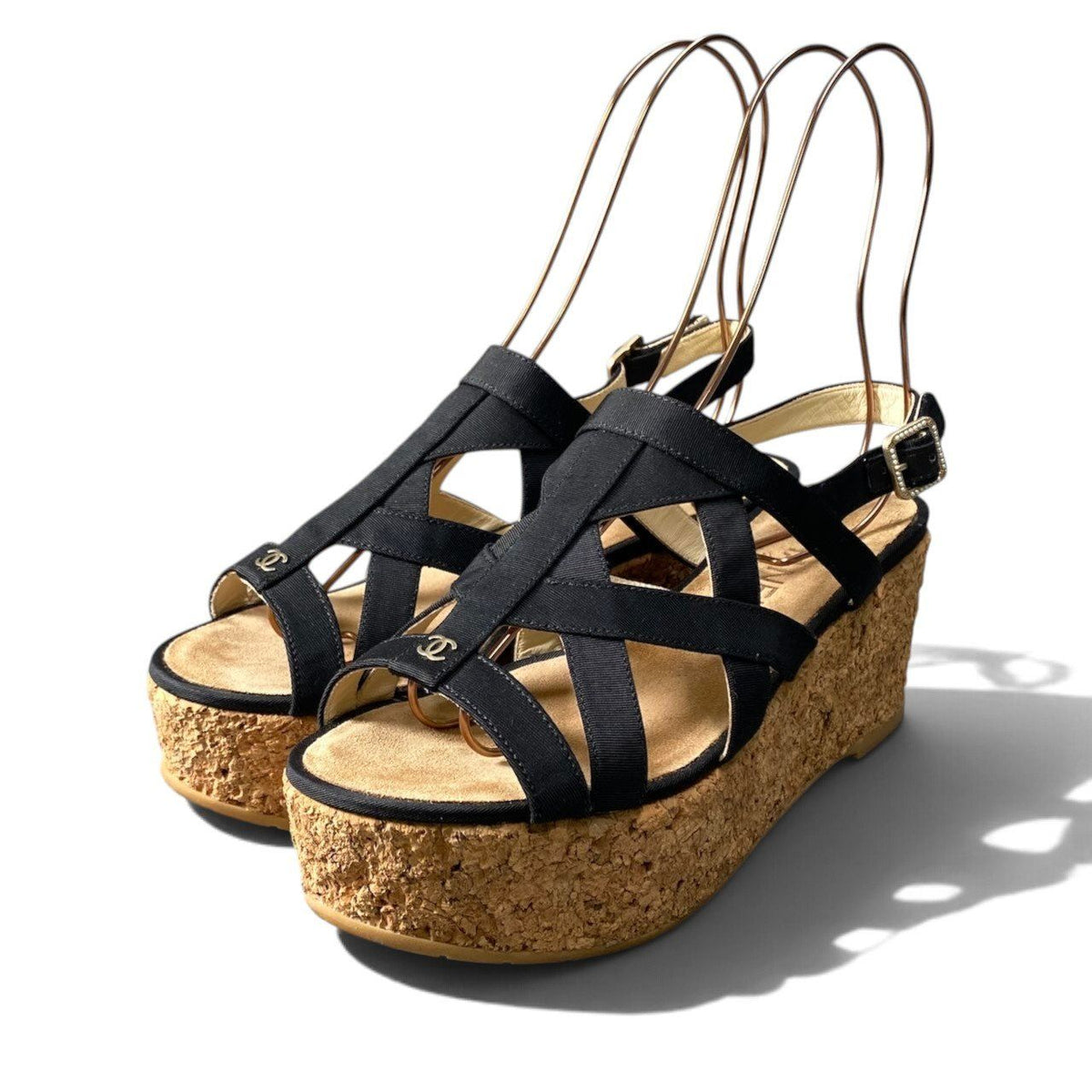Chanel Cork Wedge Sole Sandals CC Logo Navy — view 2