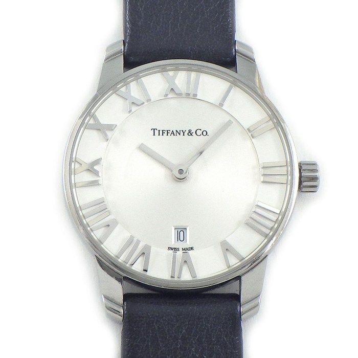 Tiffany & Co Watch Atlas Silver Dial Roman Index Leather Strap SS Quartz Analog